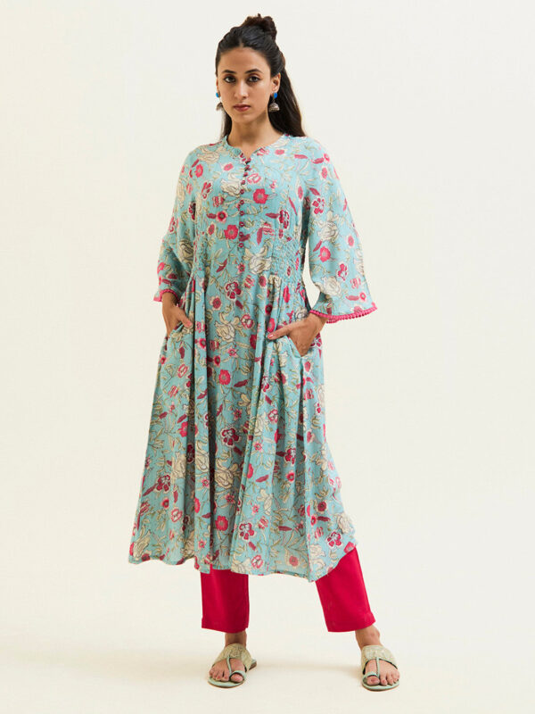Blue Floral Flared Kurta - Image 2