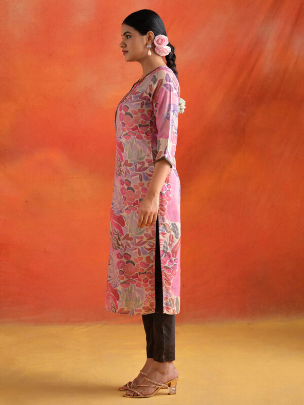 Pink Botanical Printed Embroidered Straight Kurta - Image 4