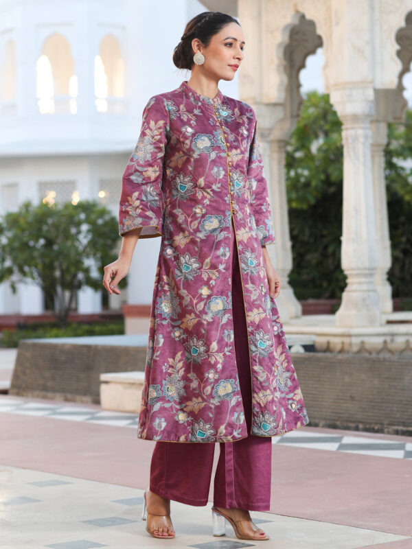 Magenta Printed Embroidered Velvet Straight Kurta Paired With Solid Velvet Palazzo - Image 3